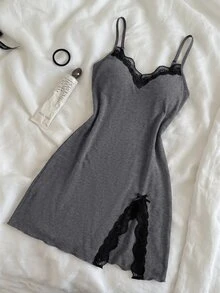 SHEIN MOD 女士细肩带无袖撞色蕾丝开衩吊带睡袍 - 深灰色 - 查看 1