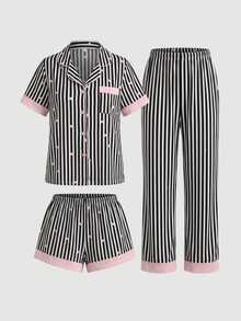 SHEIN MOD 3件套黑色条纹粉色爱心印花女士睡衣套装 - 黑色 - 查看 2