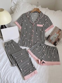 SHEIN MOD 3件套黑色条纹粉色爱心印花女士睡衣套装 - 黑色 - 查看 1