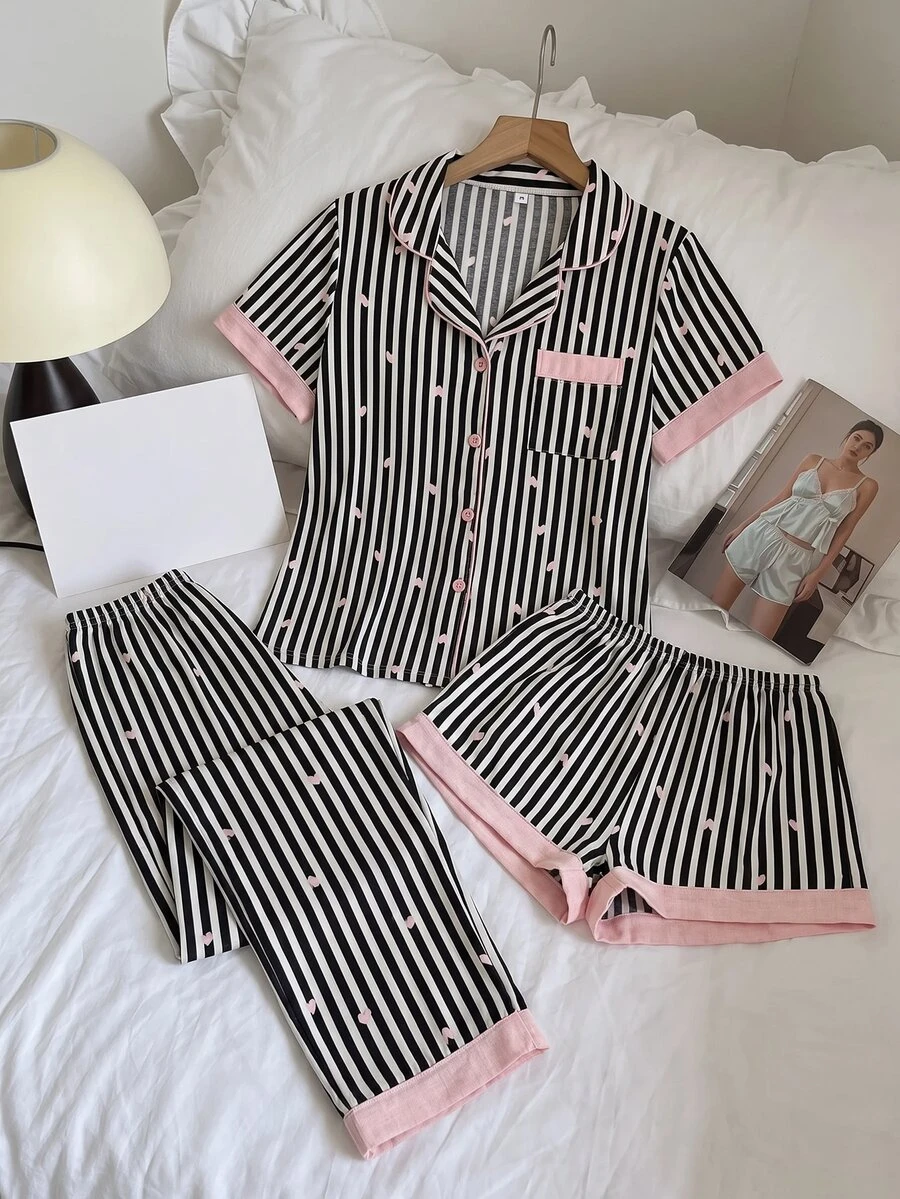 SHEIN MOD 3件套黑色条纹粉色爱心印花女士睡衣套装 - 黑色 - 查看 1