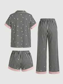 SHEIN MOD 3件套黑色条纹粉色爱心印花女士睡衣套装 - 黑色 - 查看 3