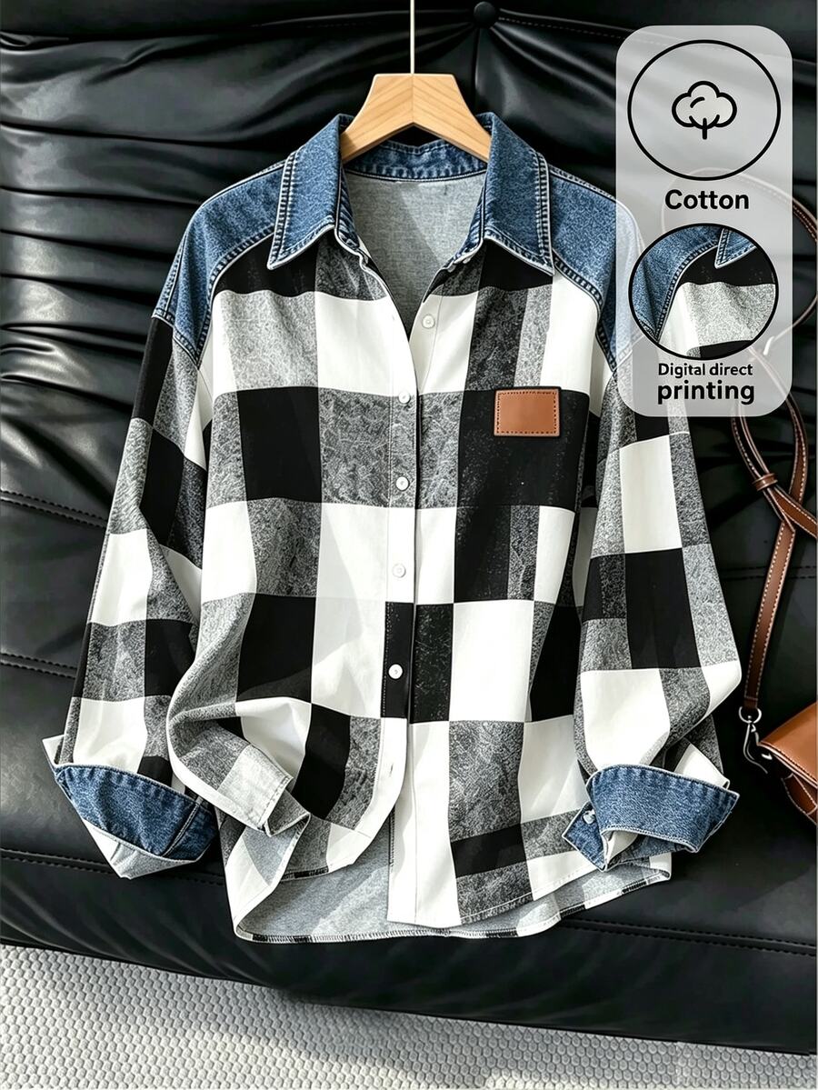 SHEIN LUNE Women's Casual Plaid Patchwork Shirt, Spring/Autumn - Multicolor - View 1