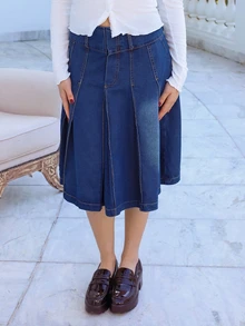 Ananda Vibes Rok Mini Lipit Denim A-Line Wanita, Biru Kasual Musim Panas - Dark Wash - View 4