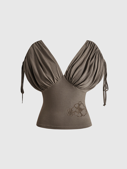 Maglietta Y2K Vintage Hot Girl ampia con arricciature e maniche a pipistrello, top da donna snellente con vita stretta, colore unito, casual per uso quotidiano
