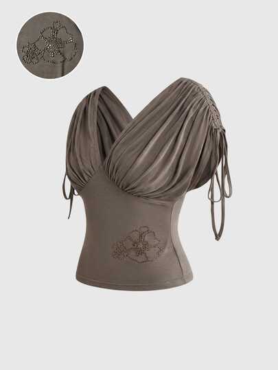 Maglietta Y2K Vintage Hot Girl ampia con arricciature e maniche a pipistrello, top da donna snellente con vita stretta, colore unito, casual per uso quotidiano
