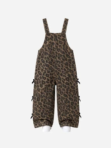 SHEIN 女童黑色蝴蝶結豹紋牛仔寬鬆背帶褲 開學季 - 棕色 - 查看 2