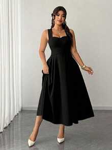 Elenzga Vestido de boda elegante negro de otoño para mujer de talla grande, tirantes finos de alta elasticidad, cintura ceñida con lazo envolvente, falda plisada, para fiesta, festival de música, cita nocturna - Negro - Ver 6