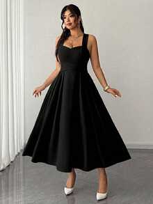Elenzga Vestido de boda elegante negro de otoño para mujer de talla grande, tirantes finos de alta elasticidad, cintura ceñida con lazo envolvente, falda plisada, para fiesta, festival de música, cita nocturna - Negro - Ver 4