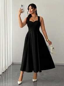 Elenzga Vestido de boda elegante negro de otoño para mujer de talla grande, tirantes finos de alta elasticidad, cintura ceñida con lazo envolvente, falda plisada, para fiesta, festival de música, cita nocturna - Negro - Ver 5