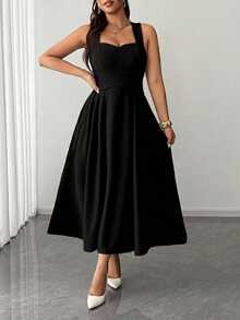 Elenzga Vestido de boda elegante negro de otoño para mujer de talla grande, tirantes finos de alta elasticidad, cintura ceñida con lazo envolvente, falda plisada, para fiesta, festival de música, cita nocturna - Negro - Ver 3