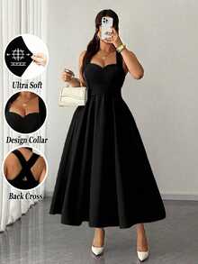 Elenzga Vestido de boda elegante negro de otoño para mujer de talla grande, tirantes finos de alta elasticidad, cintura ceñida con lazo envolvente, falda plisada, para fiesta, festival de música, cita nocturna - Negro - Ver 1