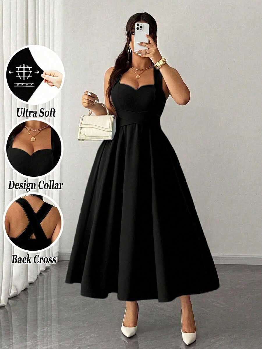 Elenzga Vestido de boda elegante negro de otoño para mujer de talla grande, tirantes finos de alta elasticidad, cintura ceñida con lazo envolvente, falda plisada, para fiesta, festival de música, cita nocturna - Negro - Ver 1