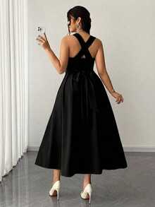 Elenzga Vestido de boda elegante negro de otoño para mujer de talla grande, tirantes finos de alta elasticidad, cintura ceñida con lazo envolvente, falda plisada, para fiesta, festival de música, cita nocturna - Negro - Ver 2
