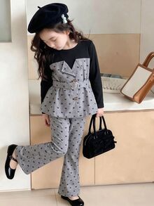 Young Girls Top With Color-Block Design, Grey Bow Print, Collared Button-Up Style, Exquisite And Neat, Paired With Matching Fabric Belt, Matching Fabric Slightly Flared Long Pants, Perfect For Spring And Autumn, Suitable For Early Autumn Coolness And Spring Outings, Ideal For Daily School, Park Play, And Gatherings - Grey - View 3