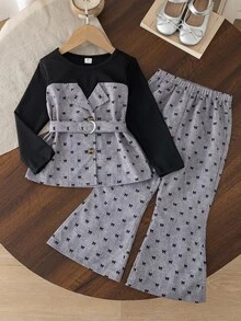Young Girls Top With Color-Block Design, Grey Bow Print, Collared Button-Up Style, Exquisite And Neat, Paired With Matching Fabric Belt, Matching Fabric Slightly Flared Long Pants, Perfect For Spring And Autumn, Suitable For Early Autumn Coolness And Spring Outings, Ideal For Daily School, Park Play, And Gatherings - Grey - View 6