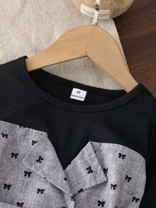 Young Girls Top With Color-Block Design, Grey Bow Print, Collared Button-Up Style, Exquisite And Neat, Paired With Matching Fabric Belt, Matching Fabric Slightly Flared Long Pants, Perfect For Spring And Autumn, Suitable For Early Autumn Coolness And Spring Outings, Ideal For Daily School, Park Play, And Gatherings - Grey - View 4