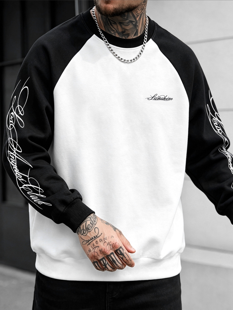Manfinity CasualCool Men's Crew Neck Pullover Sweatshirt, Black And White Contrast Color, Raglan Sleeves, Handwritten English Print, Loose Fit, Fashionable Men's Pullover Sweatshirt, Versatile Casual Sweatshirt, Soft And Comfortable Sweatshirt Fabric For Autumn/Winter, Autumn/Winter, Early Autumn Sweatshirt Item, Suitable For Outings, Street Photography, Home, Travel, Vacation, Daily Wear, Etc. - Black and White - View 3