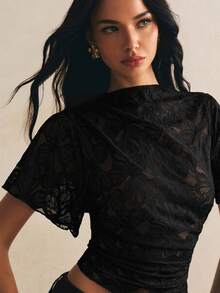 Poéselle 女款蕾絲休閒性感百搭日常穿著T恤 夜出黑色花卉夏季款 - 黑色 - 查看 4