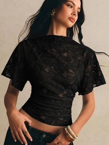 Poéselle 女款蕾絲休閒性感百搭日常穿著T恤 夜出黑色花卉夏季款 - 黑色 - 查看 8