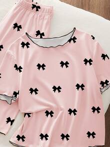 SHEIN 少女两件套睡衣，简约蝴蝶图案撞色短袖上衣和裤子，休闲家居服 - 杏色 - 查看 5