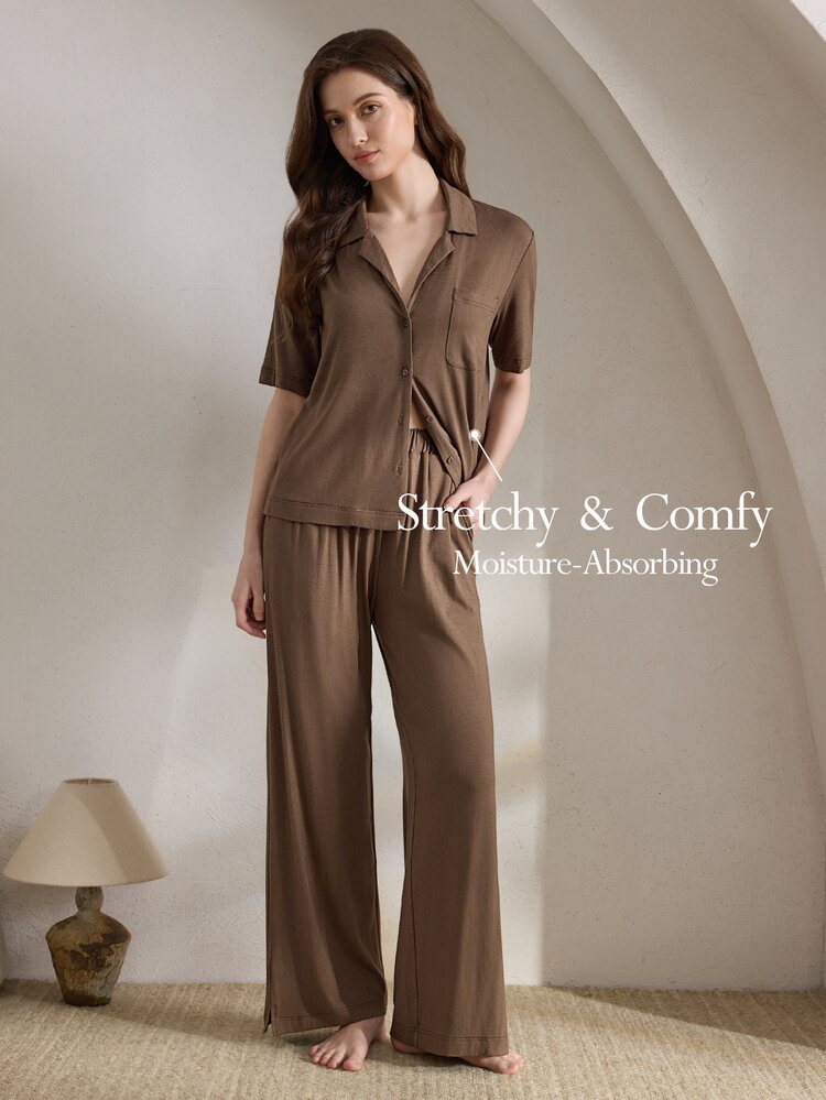 Ocili Leisure Women's Solid Color Simple Short Sleeve Top And Pants Casual Homewear Set, Summer Holiday Season Outfit - Coffee Brown - View 1