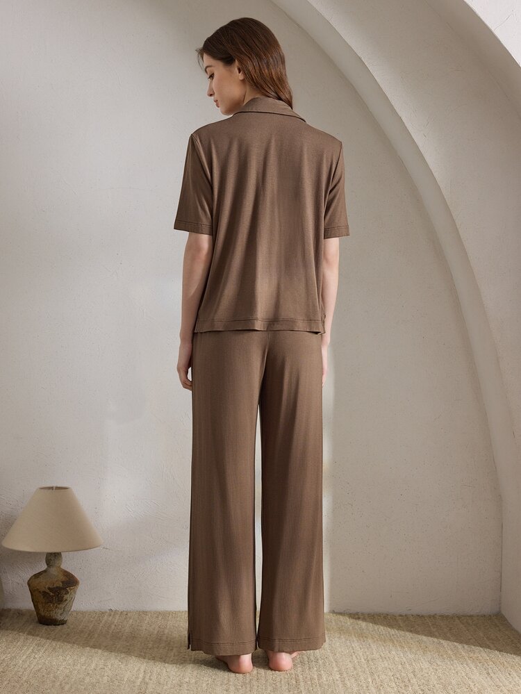 Ocili Leisure Women's Solid Color Simple Short Sleeve Top And Pants Casual Homewear Set, Summer Holiday Season Outfit - Coffee Brown - View 2