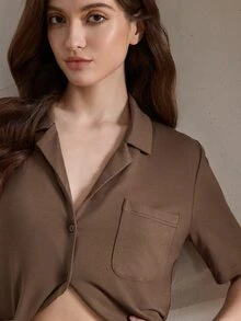 Ocili 休闲女士纯色简约短袖上衣和裤子休闲家居服套装，夏季假日季节服装 - 咖啡棕 - 查看 3