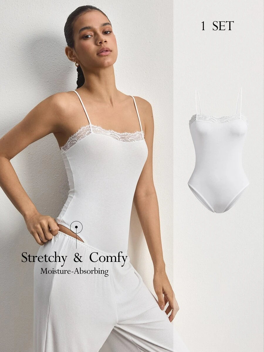 Ocili Jumpsuit Camisole Wanita Warna Polos dengan Kontras Renda - Putih - View 1