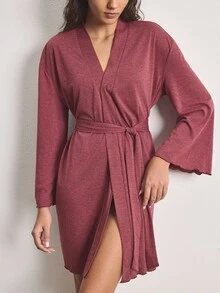 Ocili Jubah Kasual Wanita Lengan Panjang Warna Polos dengan Ikat Pinggang - Redwood - View 6