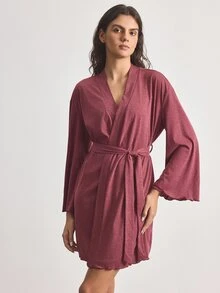 Ocili Jubah Kasual Wanita Lengan Panjang Warna Polos dengan Ikat Pinggang - Redwood - View 5