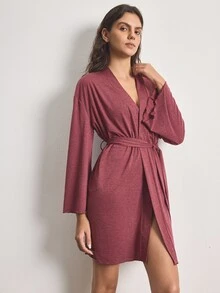Ocili Jubah Kasual Wanita Lengan Panjang Warna Polos dengan Ikat Pinggang - Redwood - View 3