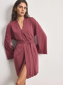 Ocili Jubah Kasual Wanita Lengan Panjang Warna Polos dengan Ikat Pinggang - Redwood - View 7