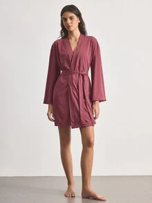 Ocili Jubah Kasual Wanita Lengan Panjang Warna Polos dengan Ikat Pinggang - Redwood - View 4