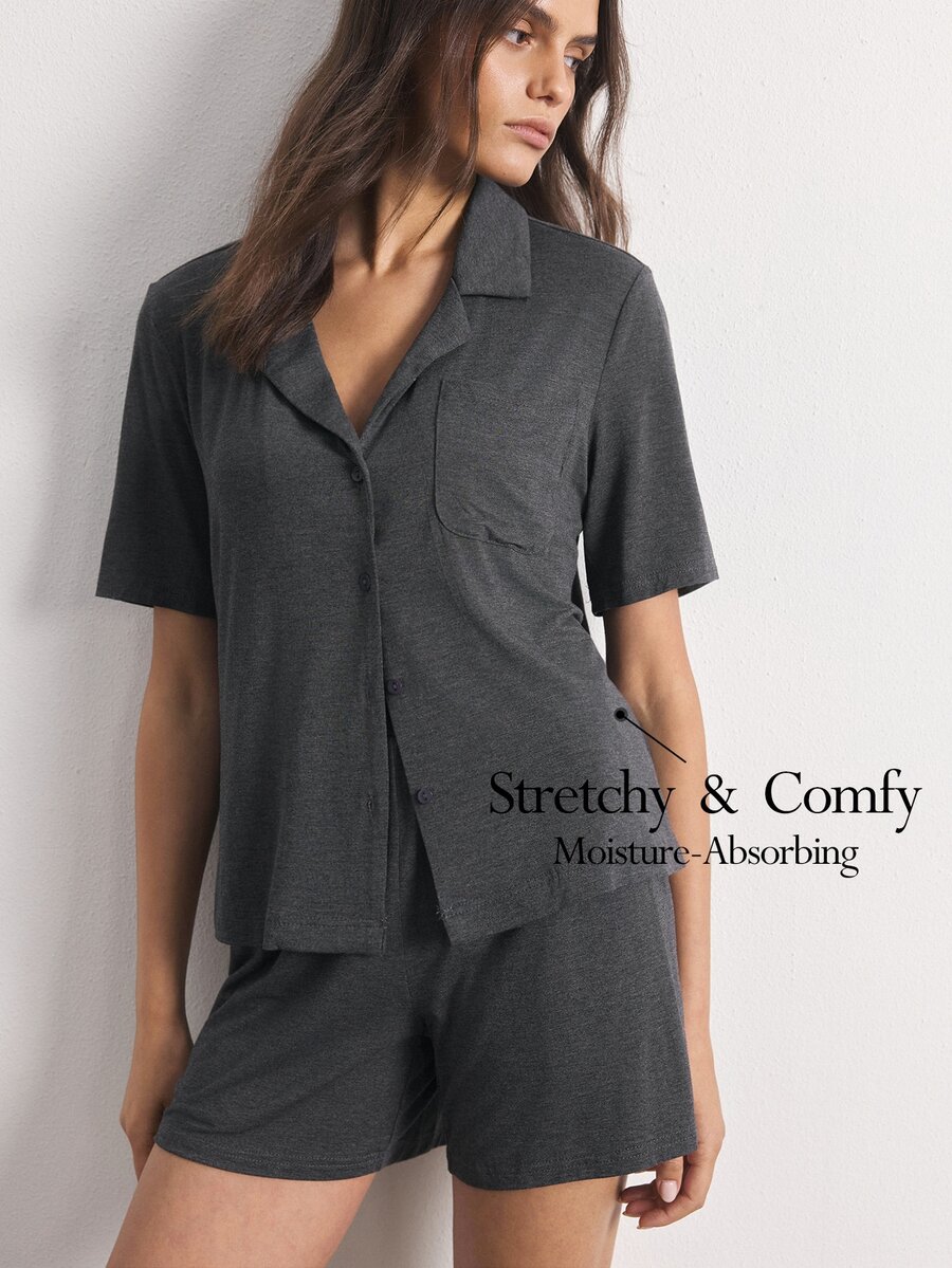 Ocili Women's Solid Color Single-Breasted Short Sleeve Top And Shorts Casual Daily Loungewear Set - Dark Grey - View 1