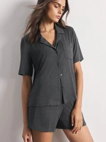 Ocili Women's Solid Color Single-Breasted Short Sleeve Top And Shorts Casual Daily Loungewear Set - Dark Grey - View 6
