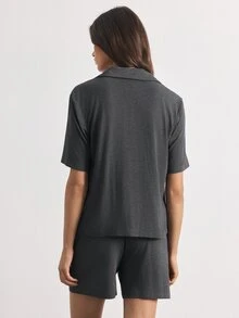 Ocili Women's Solid Color Single-Breasted Short Sleeve Top And Shorts Casual Daily Loungewear Set - Dark Grey - View 3