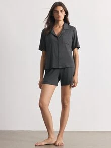 Ocili Women's Solid Color Single-Breasted Short Sleeve Top And Shorts Casual Daily Loungewear Set - Dark Grey - View 2