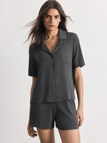 Ocili Women's Solid Color Single-Breasted Short Sleeve Top And Shorts Casual Daily Loungewear Set - Dark Grey - View 4