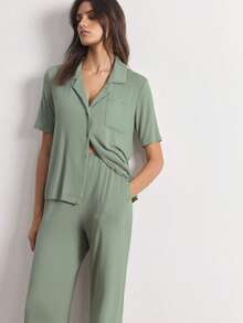 Ocili 女款純色口袋短袖上衣與長褲休閒居家服套裝 - 軍綠色 - 查看 2