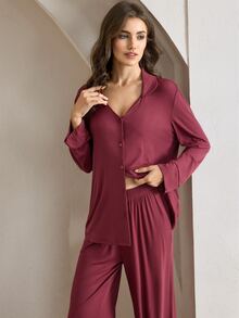 Ocili 休闲女士纯色上衣和裤子家居服套装，简约休闲居家服，适合日常、假日、秋冬季穿着，舒适保暖。 - 紅木色 - 查看 3
