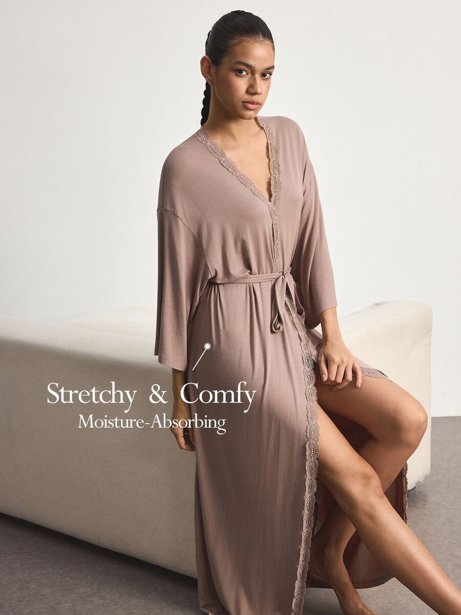 Ocili Modal Comfortable Lace Women's Loungewear Robe - Khaki - View 1