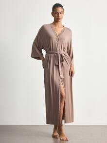 Ocili Modal Comfortable Lace Women's Loungewear Robe - Khaki - View 4