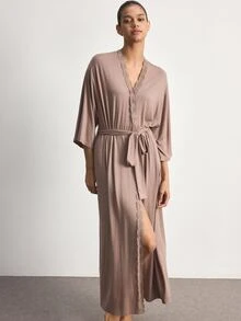 Ocili Modal Comfortable Lace Women's Loungewear Robe - Khaki - View 6