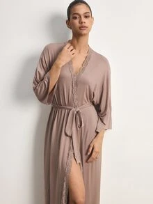 Ocili Modal Comfortable Lace Women's Loungewear Robe - Khaki - View 2
