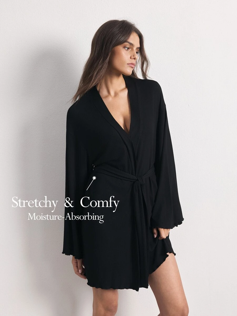 Ocili Women's Solid Color Waist Tie Casual Daily Loungewear Robe - Black - View 1