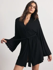 Ocili Women's Solid Color Waist Tie Casual Daily Loungewear Robe - Black - View 4