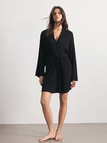 Ocili Women's Solid Color Waist Tie Casual Daily Loungewear Robe - Black - View 3