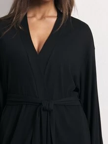 Ocili Women's Solid Color Waist Tie Casual Daily Loungewear Robe - Black - View 6