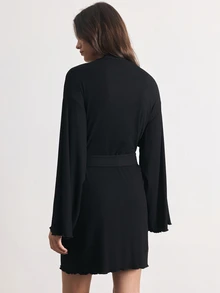Ocili Women's Solid Color Waist Tie Casual Daily Loungewear Robe - Black - View 2