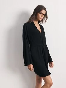 Ocili Women's Solid Color Waist Tie Casual Daily Loungewear Robe - Black - View 5
